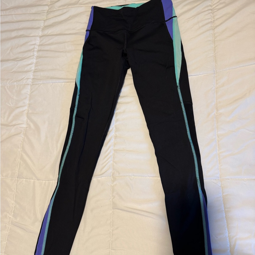 VSX Sport Women’s Black Leggings with Blue, Purple, and Mesh Accents: VGUD